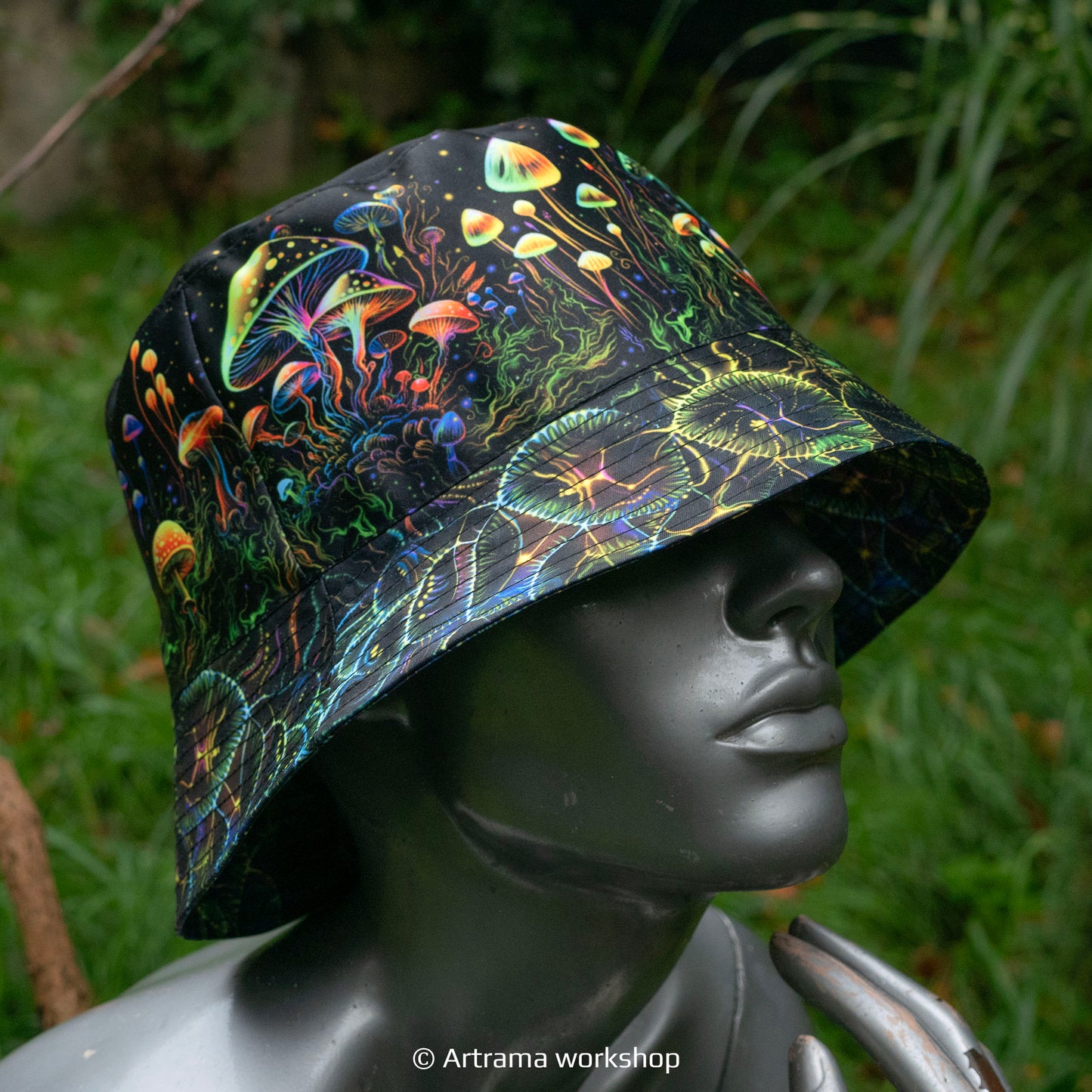 Fantasy mushroom Panama, Blacklight UV active bucket hat