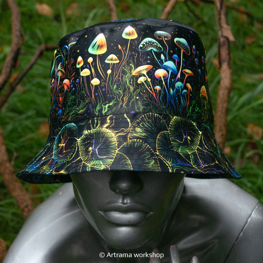 Fantasy mushroom Panama, Blacklight UV active bucket hat