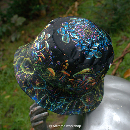 Fantasy mushroom Panama, Blacklight UV active bucket hat