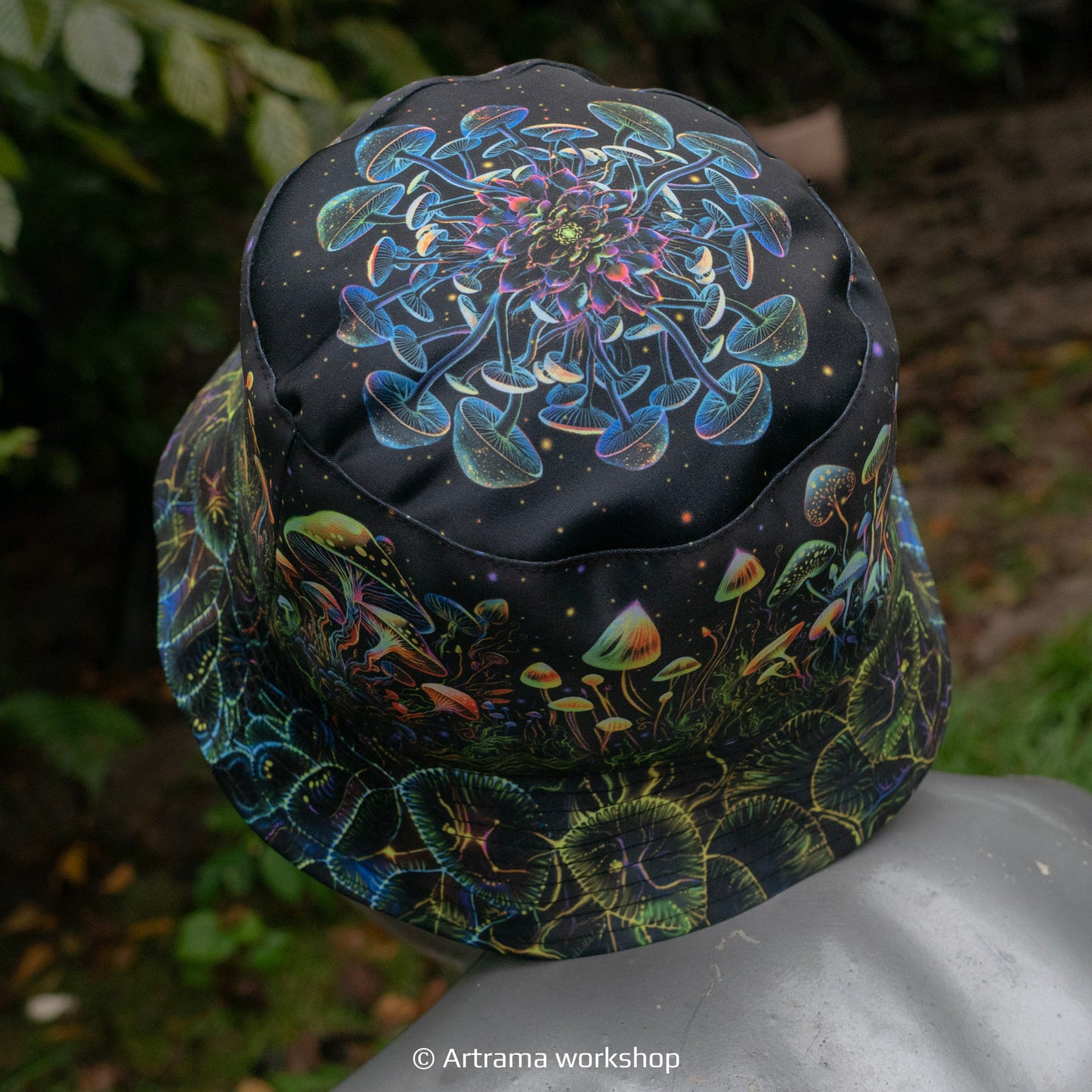 Fantasy mushroom Panama, Blacklight UV active bucket hat