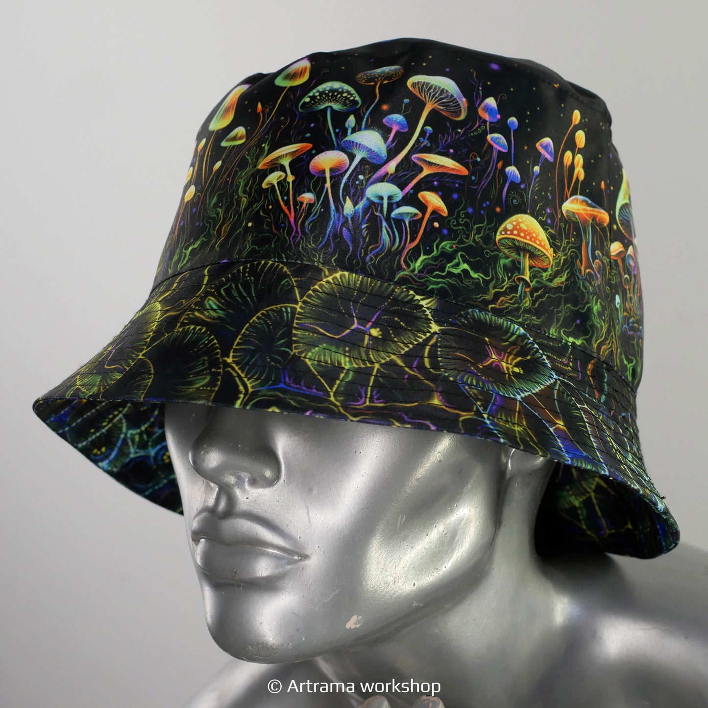 Fantasy mushroom Panama, Blacklight UV active bucket hat