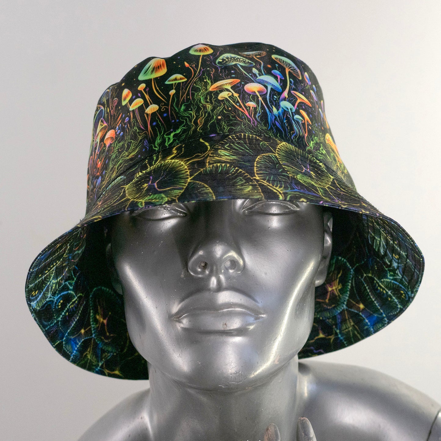 Fantasy mushroom Panama, Blacklight UV active bucket hat