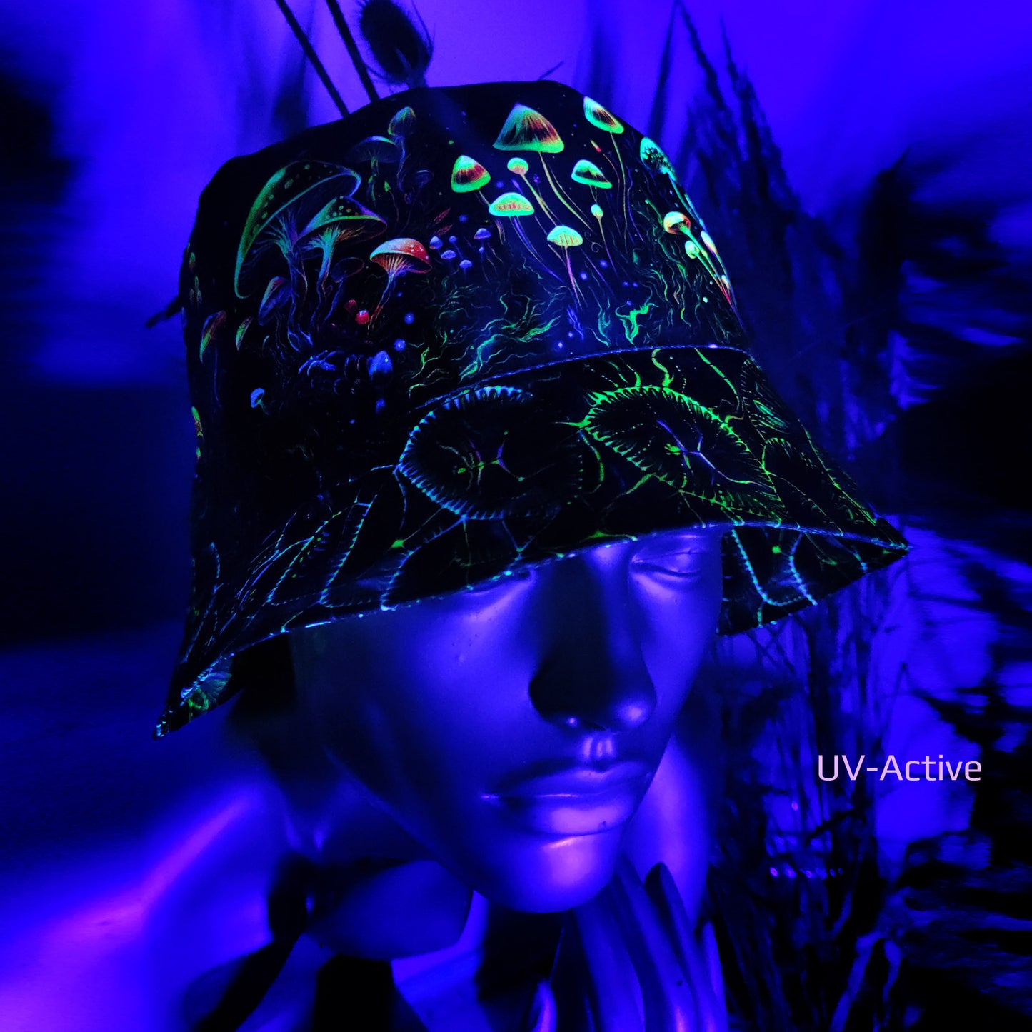 Fantasy mushroom Panama, Blacklight UV active bucket hat