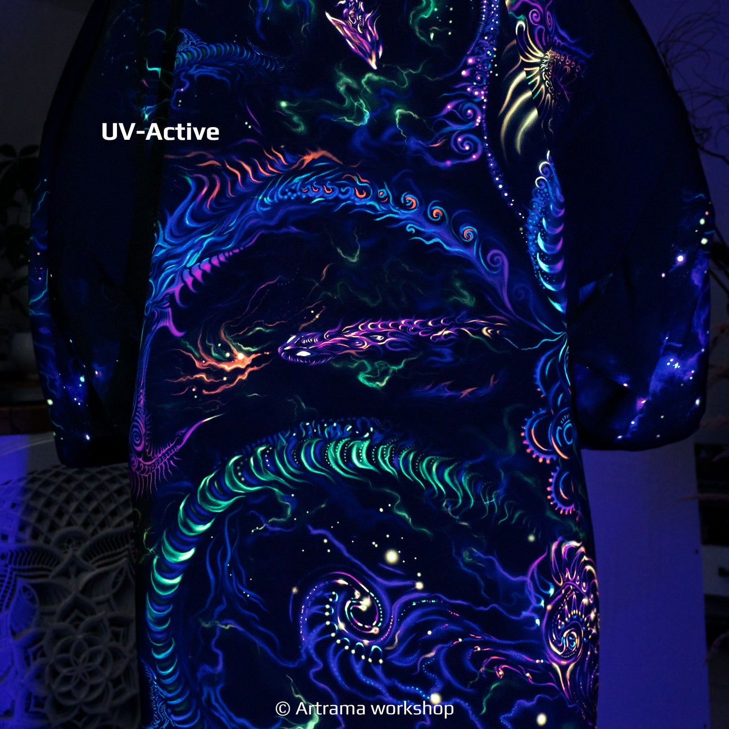 Blacklight Kimono Dragons, Rave Dress, Festival Tunic, Trippy Wear (Unisex)