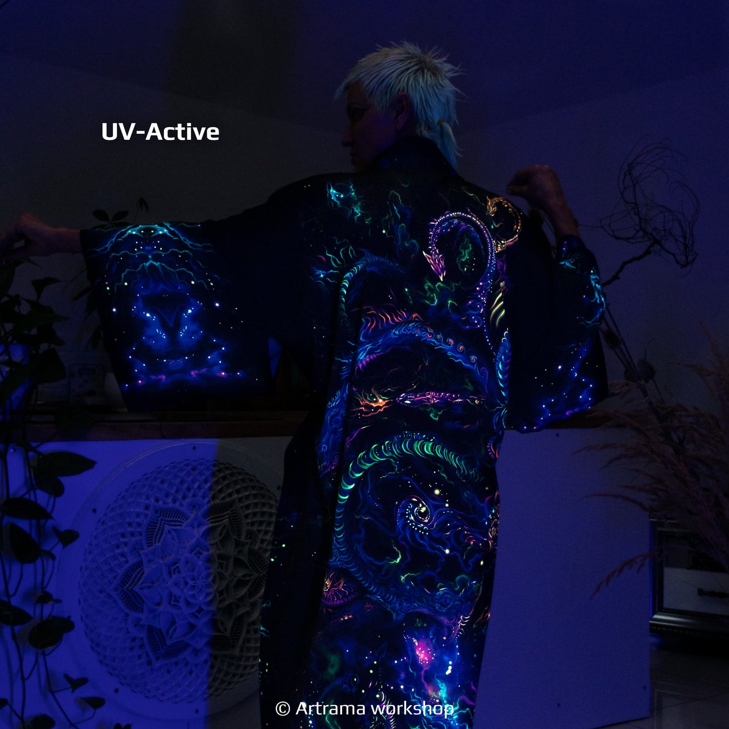 Blacklight Kimono Dragons, Rave Dress, Festival Tunic, Trippy Wear (Unisex)