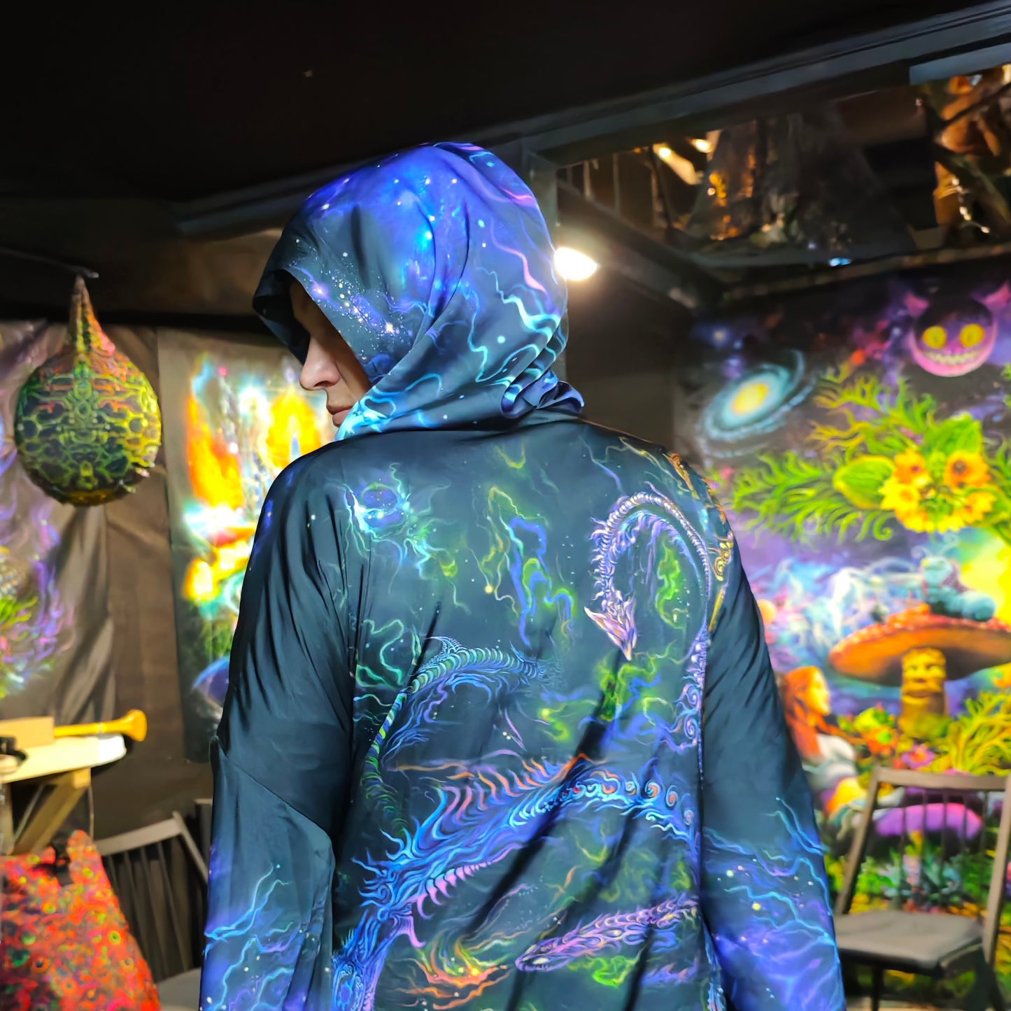 Blacklight Kimono Dragons, Rave Dress, Festival Tunic, Trippy Wear (Unisex)