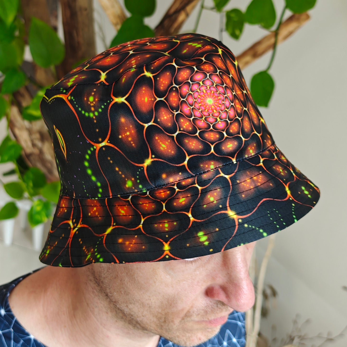 Red Fractals Panama, Blacklight UV active bucket hat Origin of life on Earth