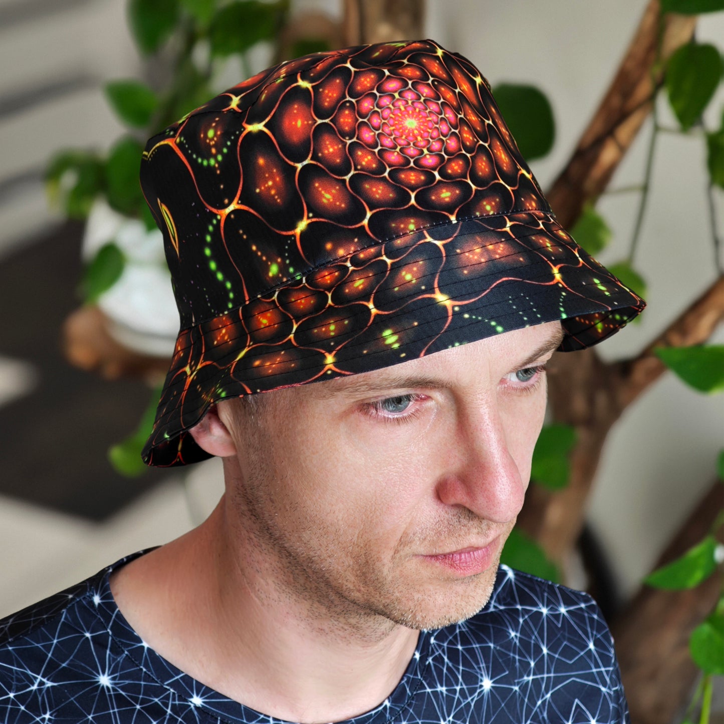 Red Fractals Panama, Blacklight UV active bucket hat Origin of life on Earth