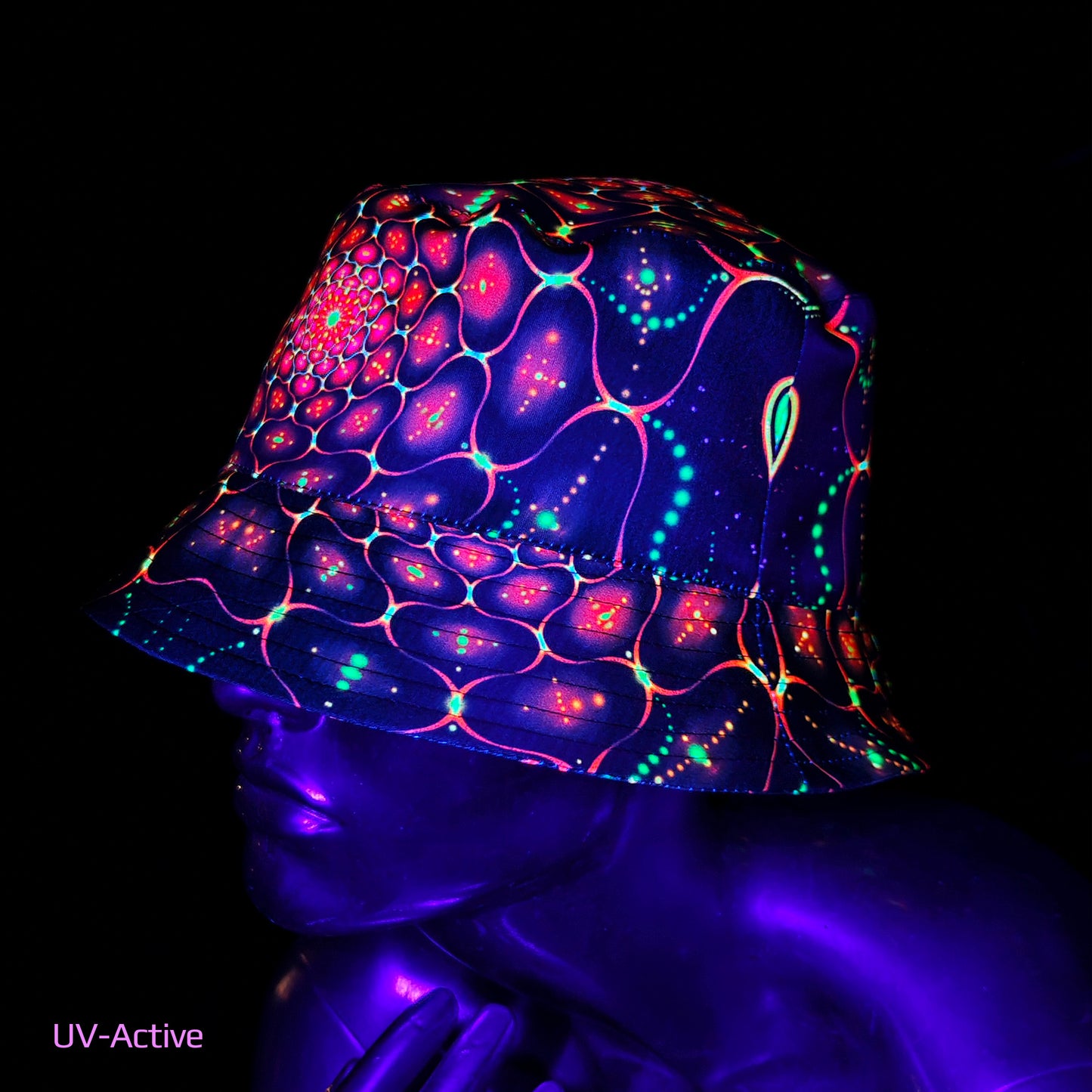 Red Fractals Panama, Blacklight UV active bucket hat Origin of life on Earth