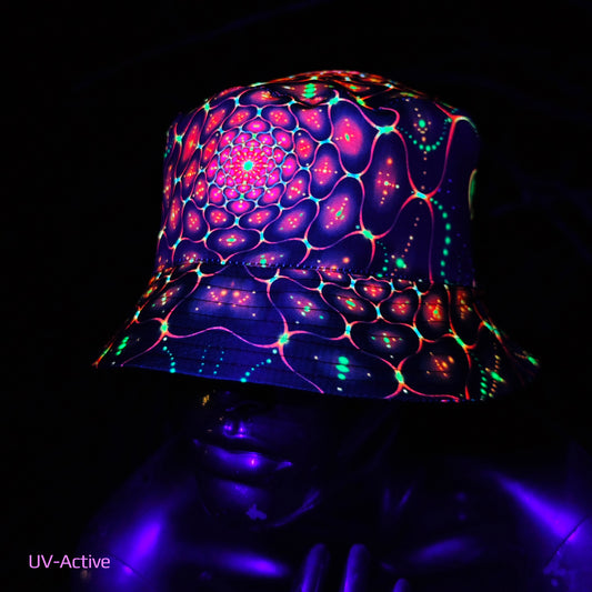 Red Fractals Panama, Blacklight UV active bucket hat Origin of life on Earth