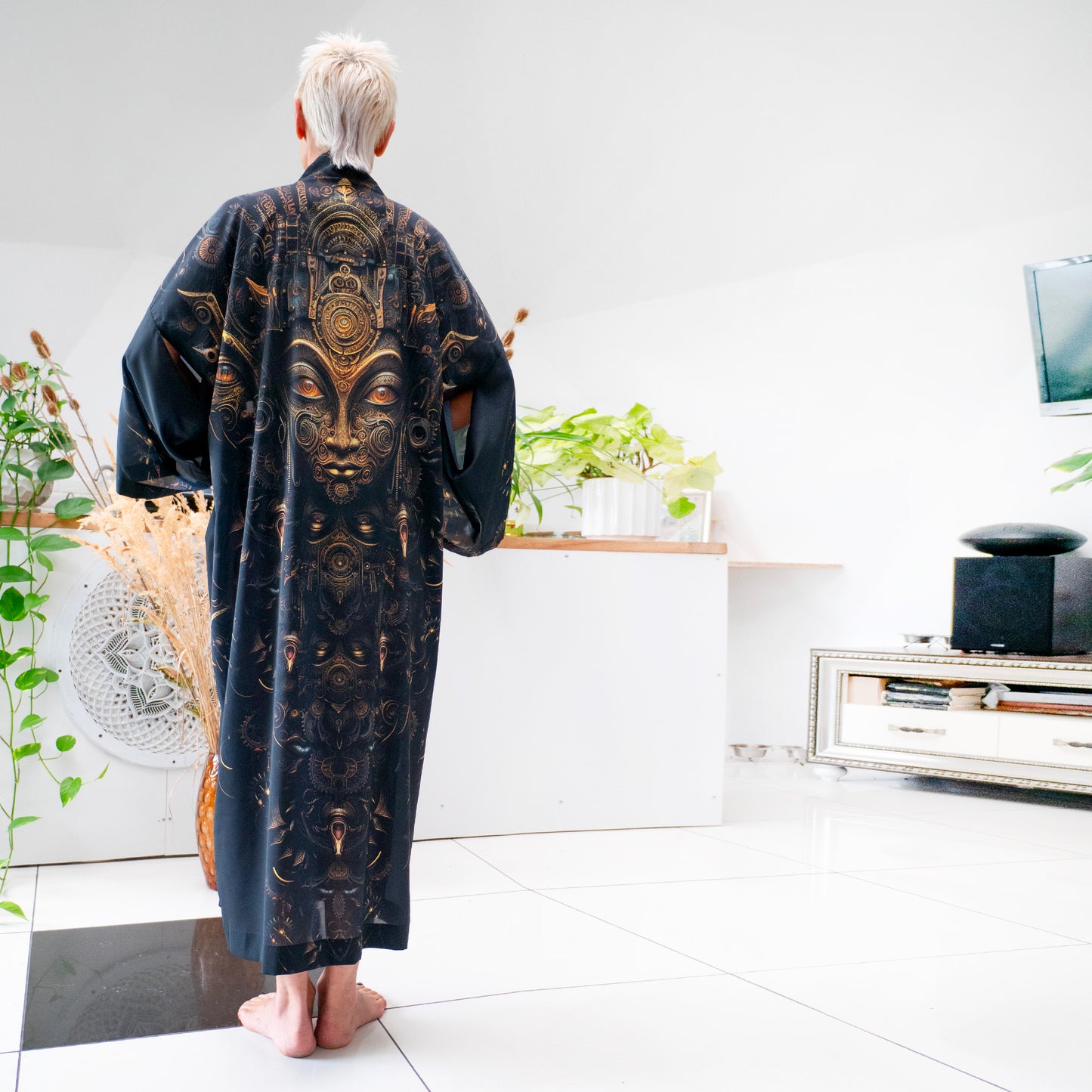 Blacklight Kimono Steampunk Buddha, Rave Dress, Festival Tunic, Trippy Wear (Unisex)