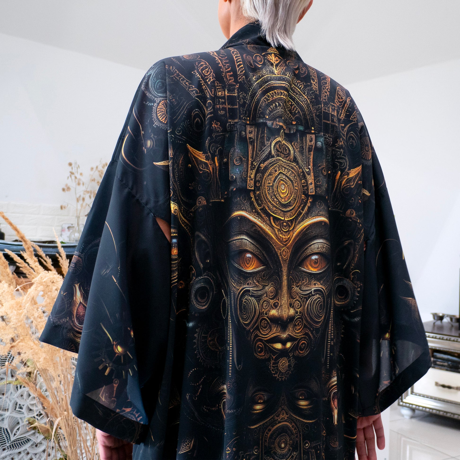 Blacklight Kimono Steampunk Buddha, Rave Dress, Festival Tunic, Trippy Artrama Blacklight Kimono Steampunk Buddha, Rave Dress, Festival Tunic, Trippy Artrama