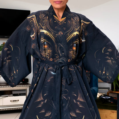 Blacklight Kimono Steampunk Buddha, Rave Dress, Festival Tunic, Trippy Wear (Unisex)