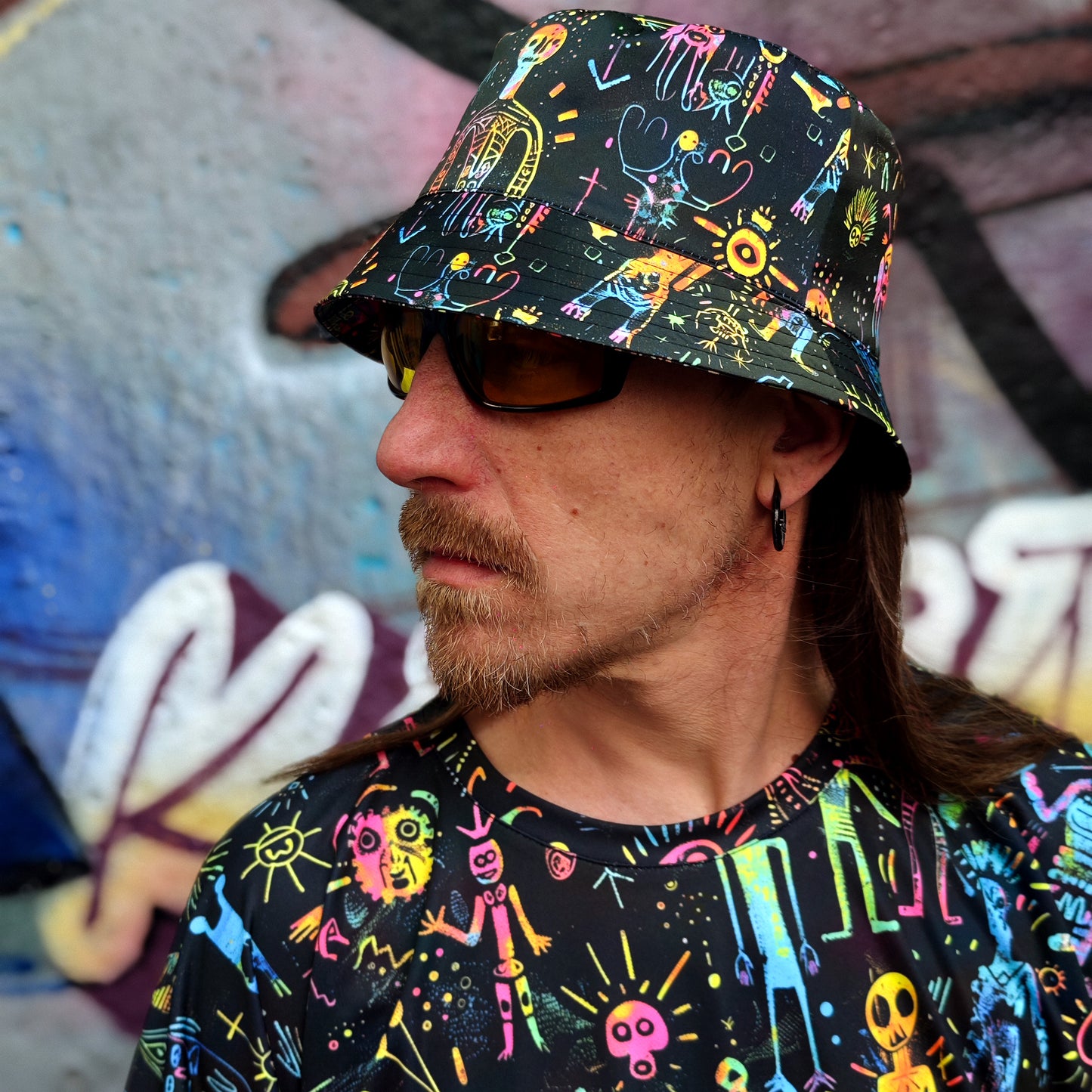 Shamanic Street Art Panama, Blacklight UV active bucket hat