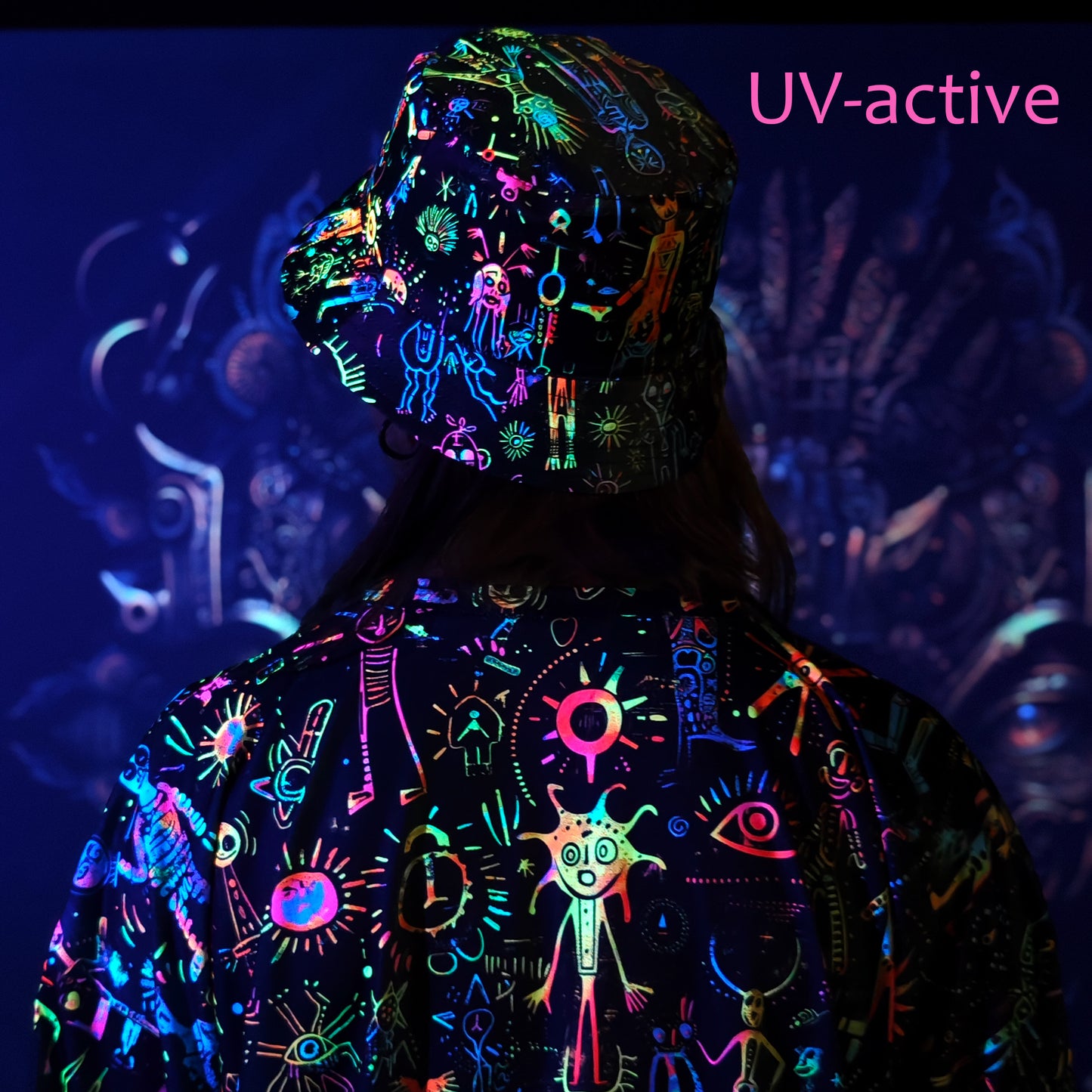Shamanic Street Art Panama, Blacklight UV active bucket hat