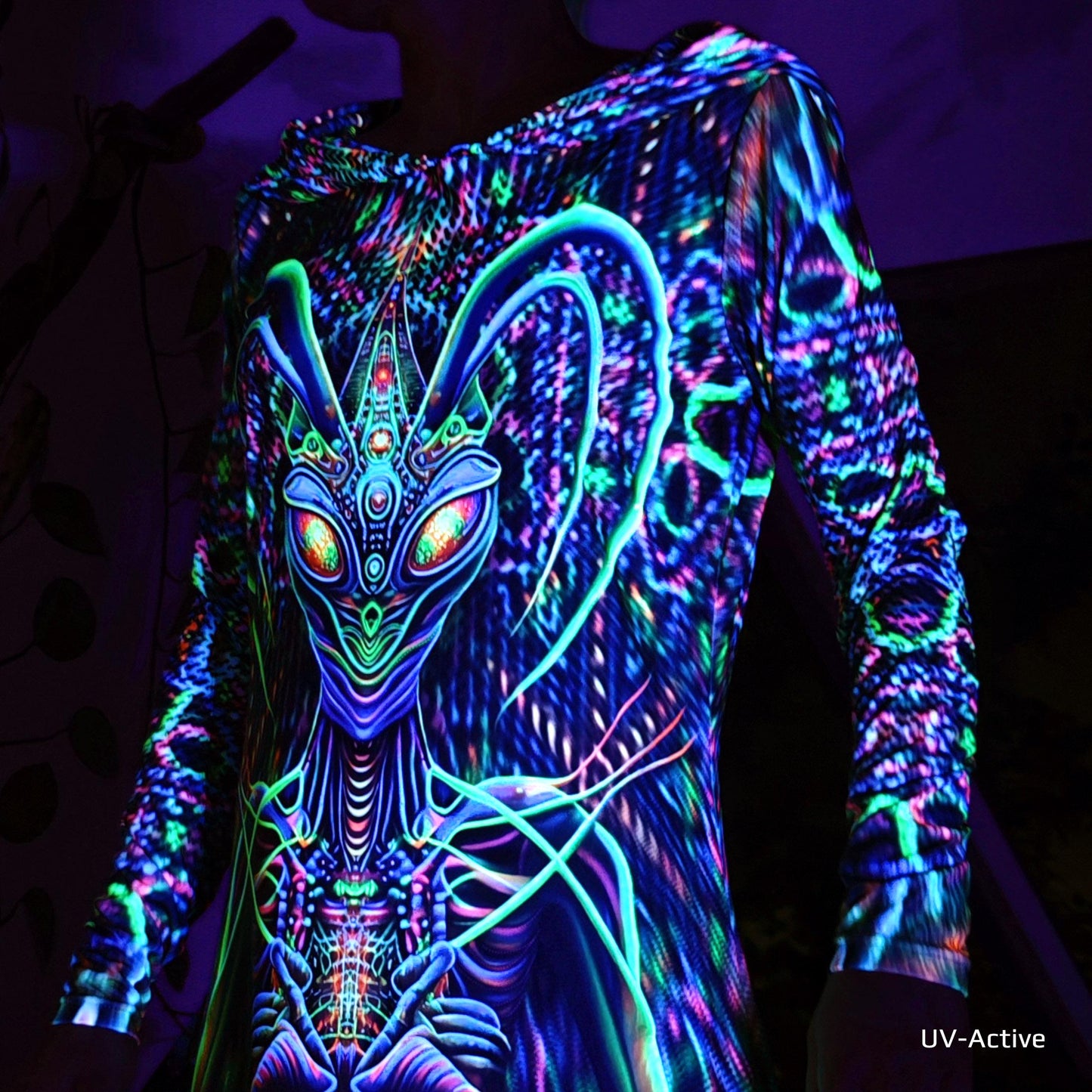 Green Mantis UV Reactive Dress with hood