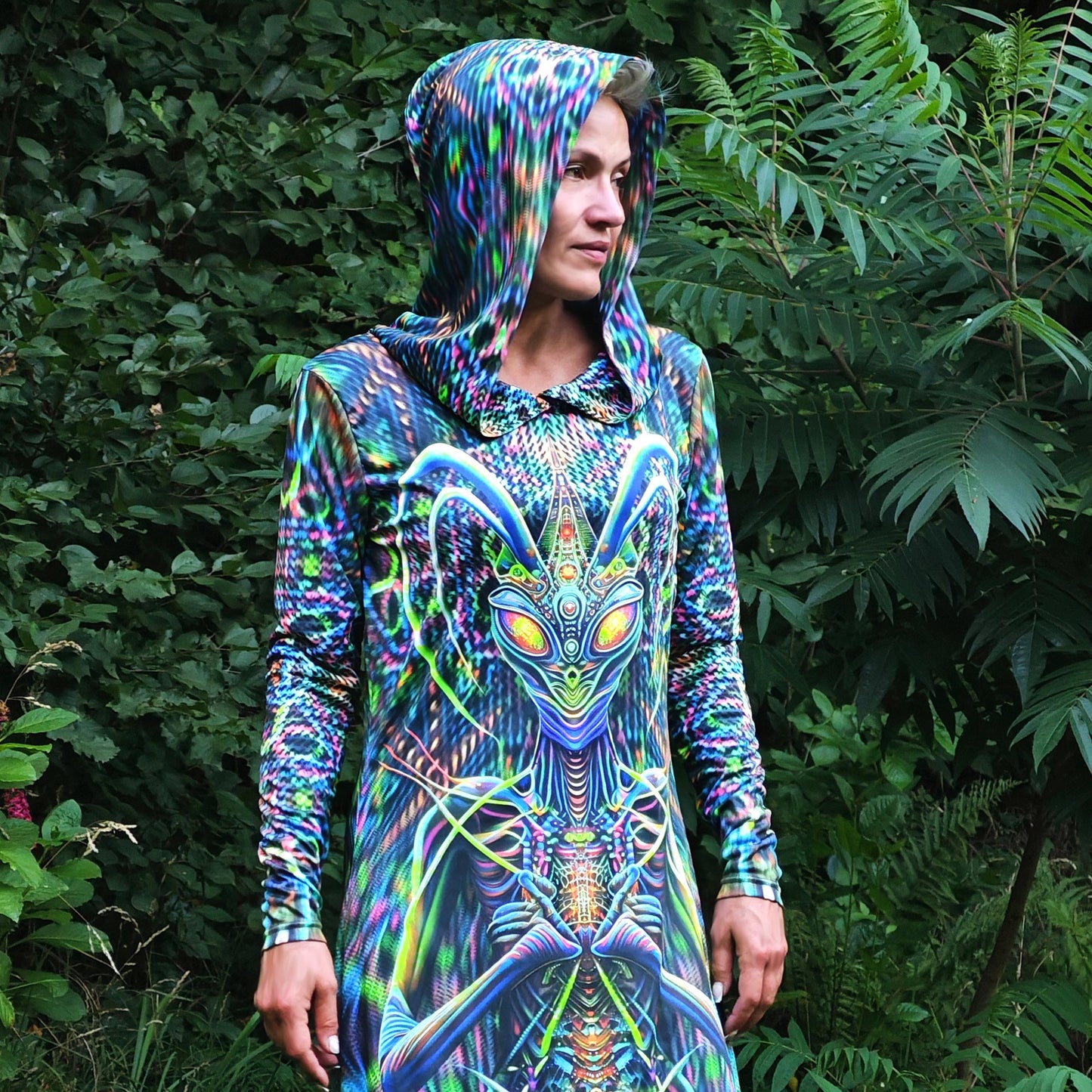Green Mantis UV Reactive Dress with hood