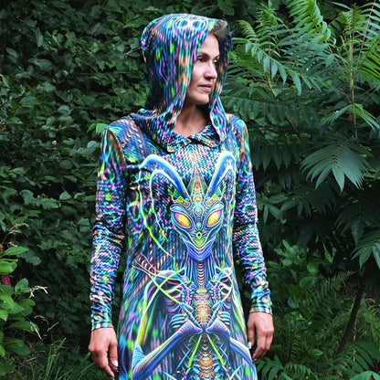 Green Mantis UV Reactive Dress with hood