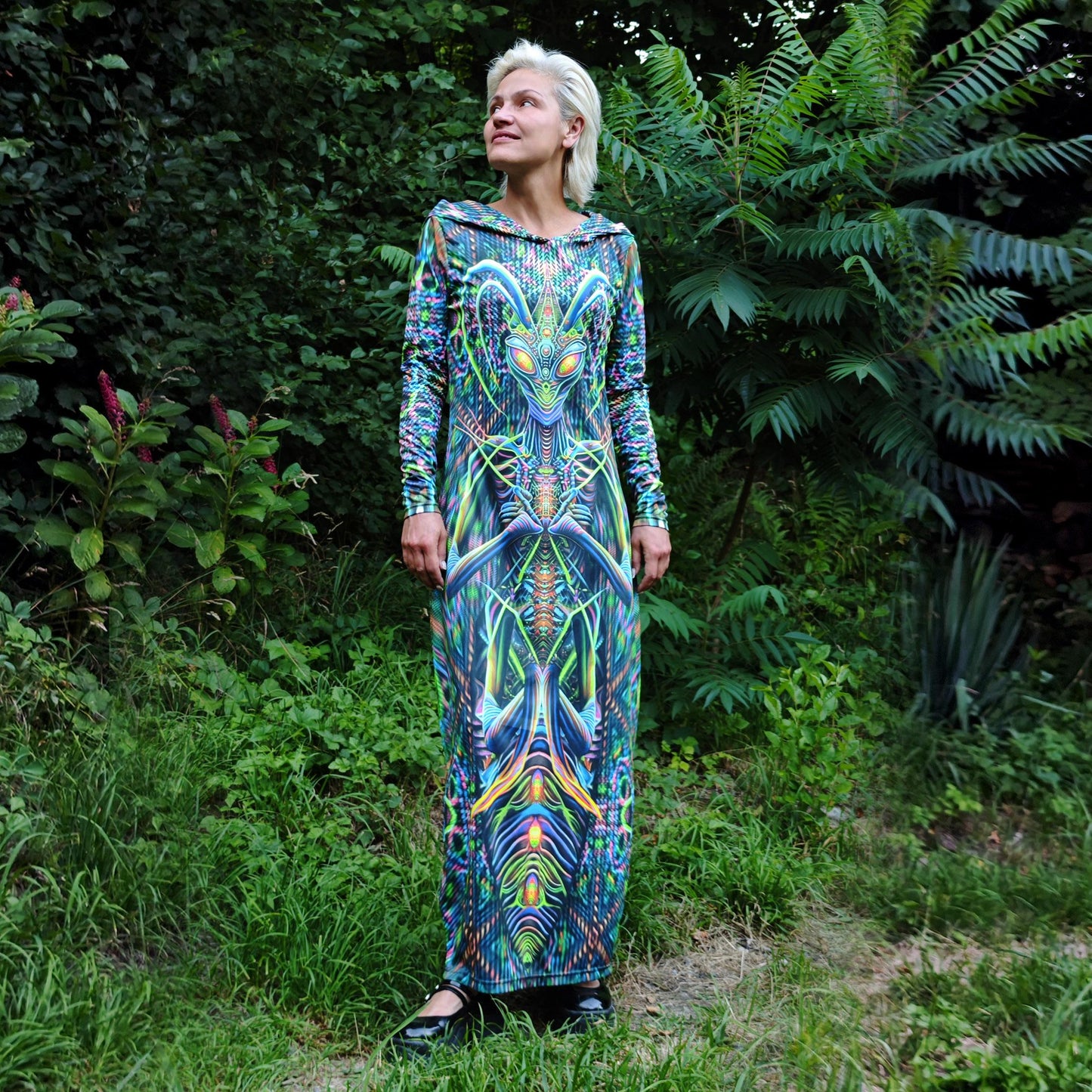Green Mantis UV Reactive Dress with hood
