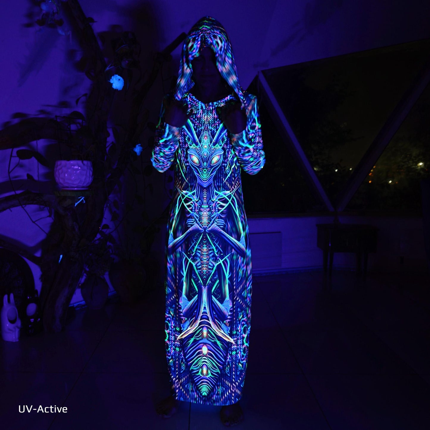 Green Mantis UV Reactive Dress with hood