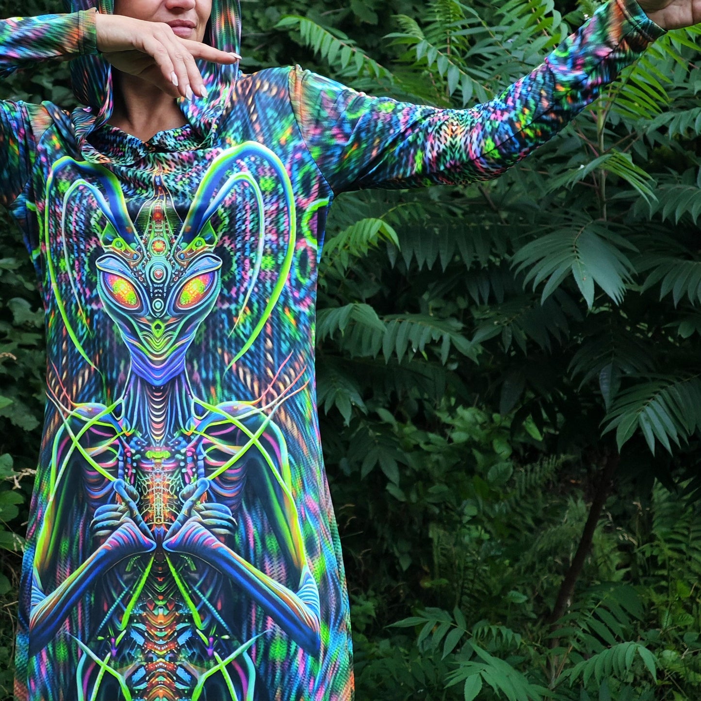 Green Mantis UV Reactive Dress with hood