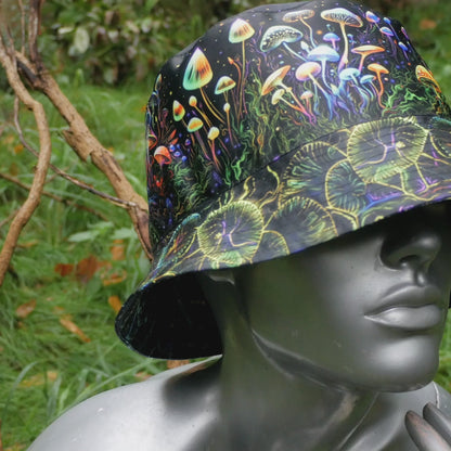 Fantasy mushroom Panama, Blacklight UV active bucket hat