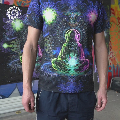 Adept Blacklight UV active T-shirt with "Inner Peace" illustration - man meditating on a mandala. 